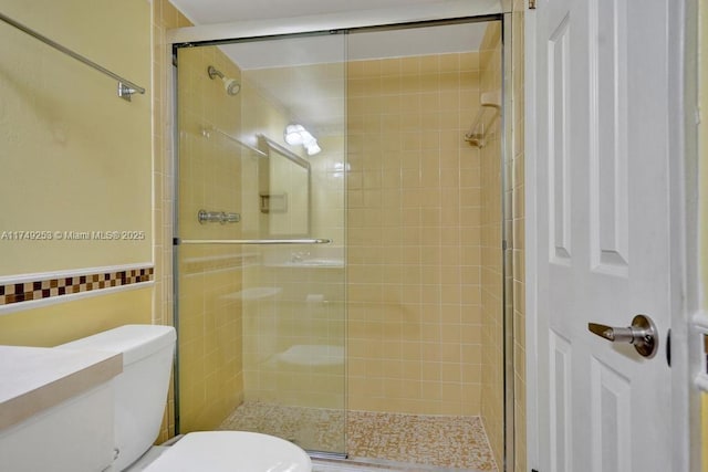 bathroom with a stall shower and toilet