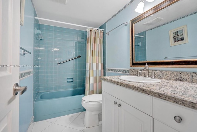 full bath with vanity, shower / bath combination with curtain, toilet, and tile patterned floors