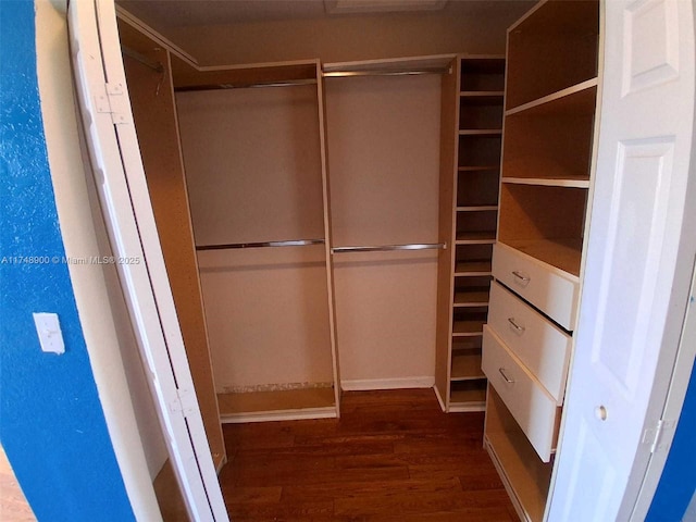 walk in closet featuring dark wood-style flooring