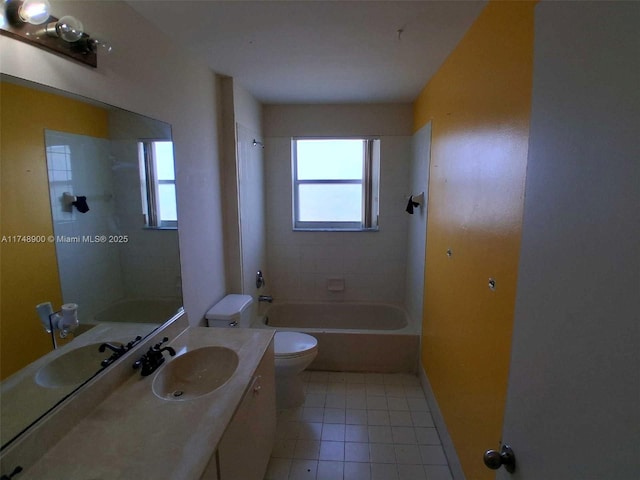 full bathroom with a wealth of natural light, shower / bath combination, toilet, and tile patterned floors