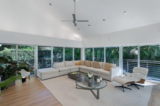 144 N Prospect Dr, Coral Gables, FL 33133 - living room with wood finished floors, ceiling fan, high vaulted ceiling, and recessed lighting