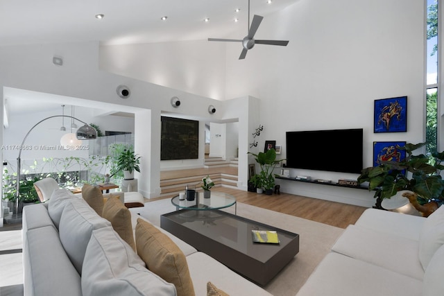 144 N Prospect Dr, Coral Gables, FL 33133 - living room with wood finished floors, high vaulted ceiling, a ceiling fan, stairway, and recessed lighting