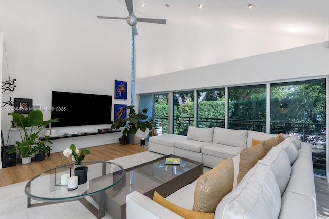 144 N Prospect Dr, Coral Gables, FL 33133 - living room with a ceiling fan, lofted ceiling, and wood finished floors