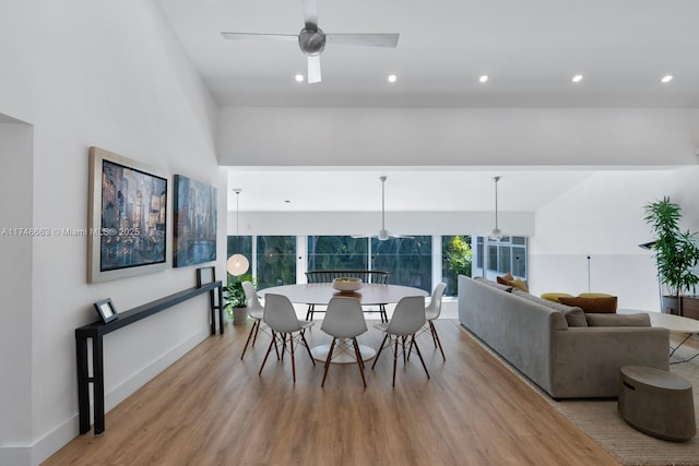 144 N Prospect Dr, Coral Gables, FL 33133 - dining area with wood finished floors, a ceiling fan, and recessed lighting