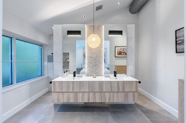 144 N Prospect Dr, Coral Gables, FL 33133 - full bathroom with double vanity and vaulted ceiling