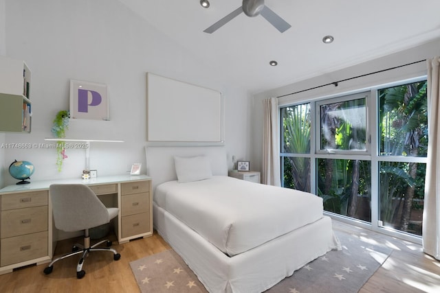 144 N Prospect Dr, Coral Gables, FL 33133 - bedroom featuring vaulted ceiling, light wood-type flooring, recessed lighting, a ceiling fan, and an office area