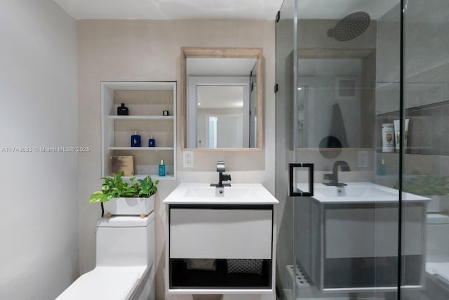 144 N Prospect Dr, Coral Gables, FL 33133 - bathroom with vanity and a shower with shower door