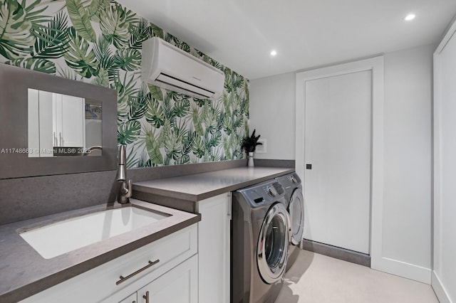 144 N Prospect Dr, Coral Gables, FL 33133 - washroom featuring wallpapered walls, a wall unit AC, independent washer and dryer, and recessed lighting