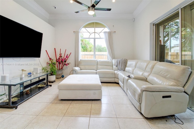 living room featuring ceiling fan, light tile patterned floors, recessed lighting, and crown molding