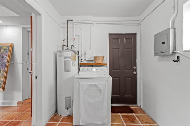 laundry room with light tile patterned floors, laundry area, water heater, electric panel, and washer / clothes dryer