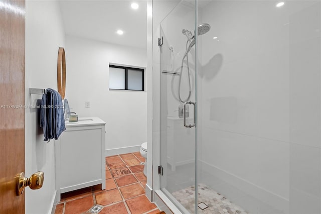 full bathroom featuring tile patterned flooring, toilet, recessed lighting, vanity, and a stall shower