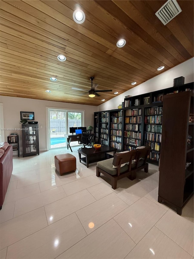 living area featuring lofted ceiling, wood ceiling, visible vents, and recessed lighting