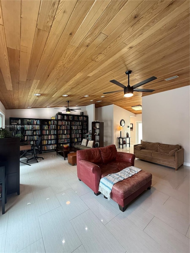 living room with ceiling fan and wood ceiling