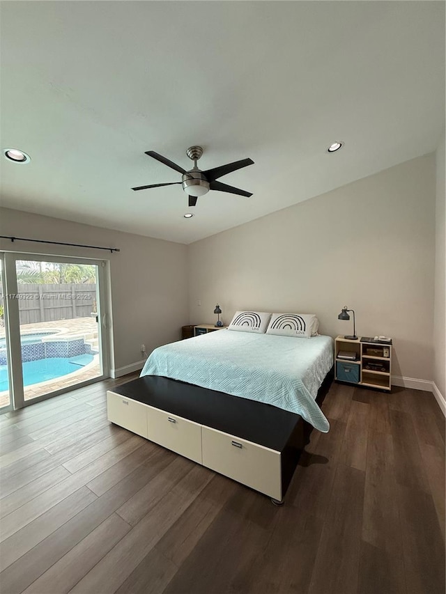 bedroom featuring baseboards, dark wood finished floors, a ceiling fan, access to exterior, and recessed lighting