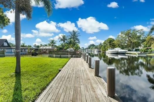 dock area featuring a water view and a yard