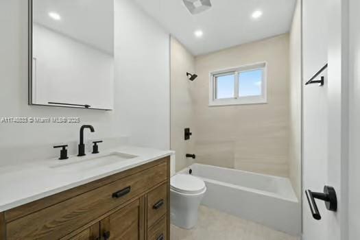 full bath featuring recessed lighting, shower / bath combination, vanity, and toilet