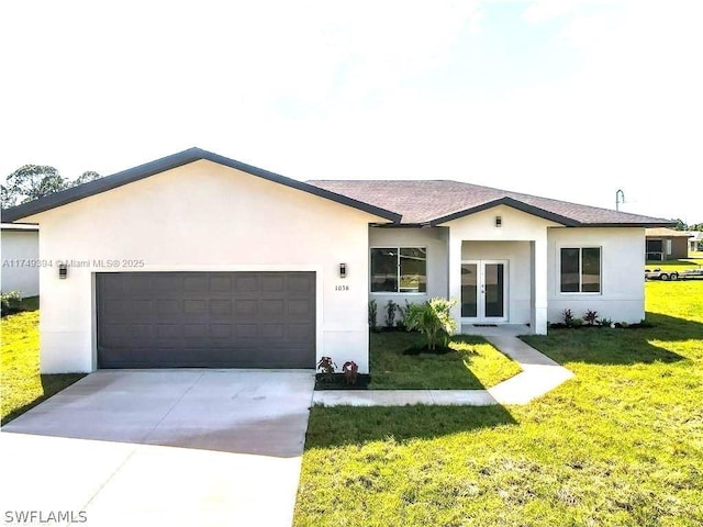 ranch-style house with a garage, french doors, concrete driveway, and stucco siding