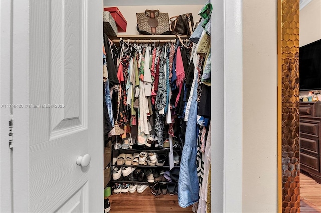 walk in closet with wood finished floors