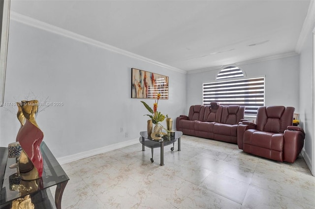 living room featuring crown molding and baseboards