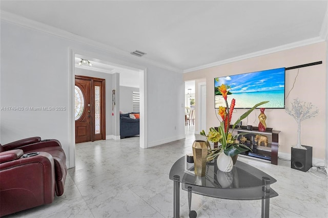 living area featuring marble finish floor, visible vents, and crown molding