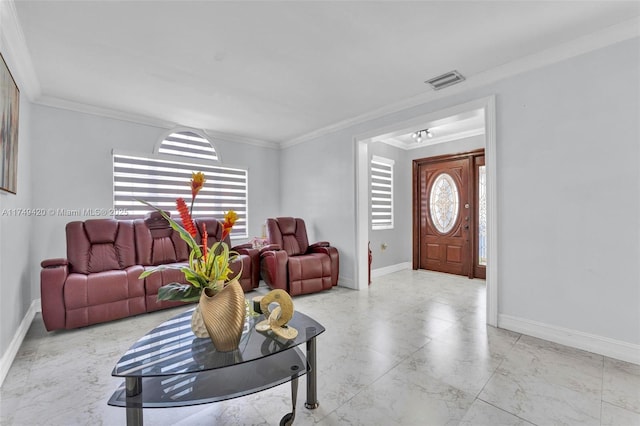 living area featuring crown molding, baseboards, visible vents, and a healthy amount of sunlight