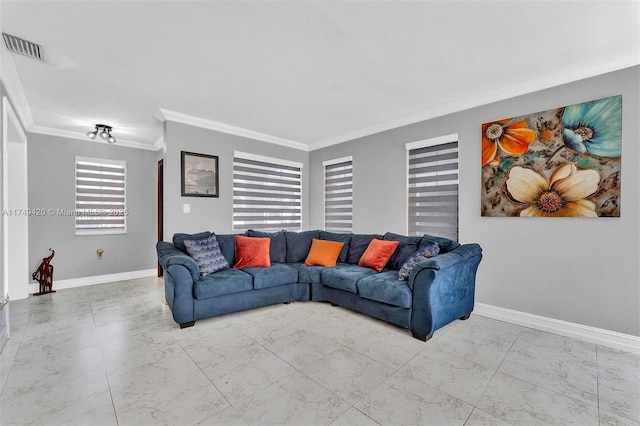 living area featuring marble finish floor, baseboards, visible vents, and ornamental molding