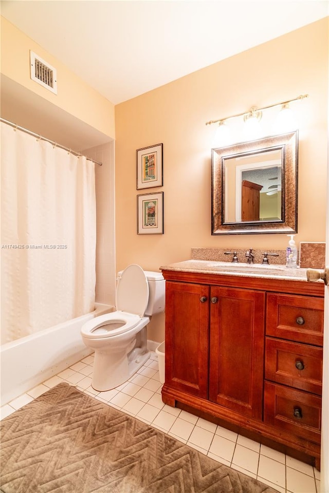 bathroom with shower / bath combo, visible vents, toilet, tile patterned flooring, and vanity