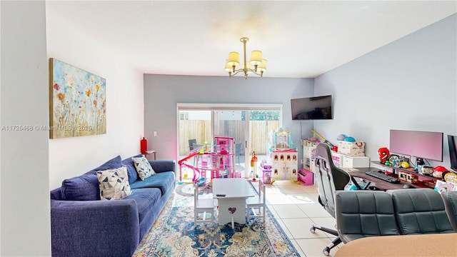 living room featuring a chandelier and light tile patterned flooring