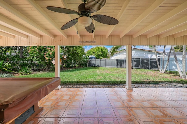 view of patio with a lanai, a fenced backyard, and ceiling fan