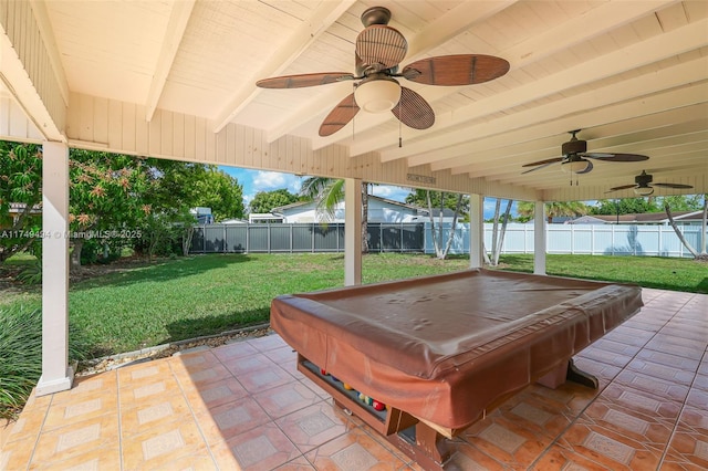 view of patio with a fenced backyard and a ceiling fan