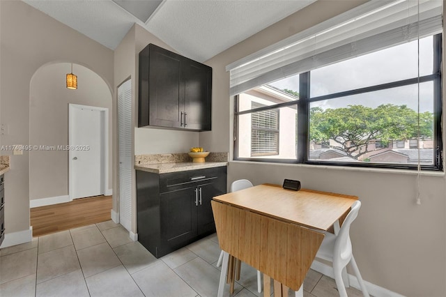 123 NW 98th Ter, Plantation, FL 33324 - kitchen with light tile patterned floors, baseboards, arched walkways, a textured ceiling, and dark cabinetry