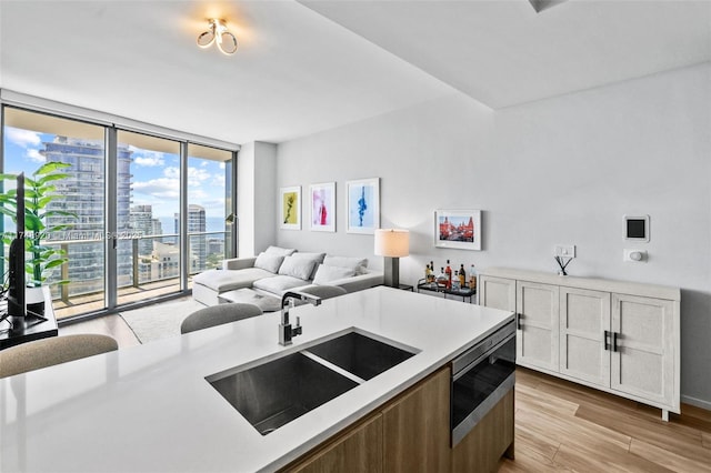 kitchen featuring a view of city, light countertops, a sink, and open floor plan