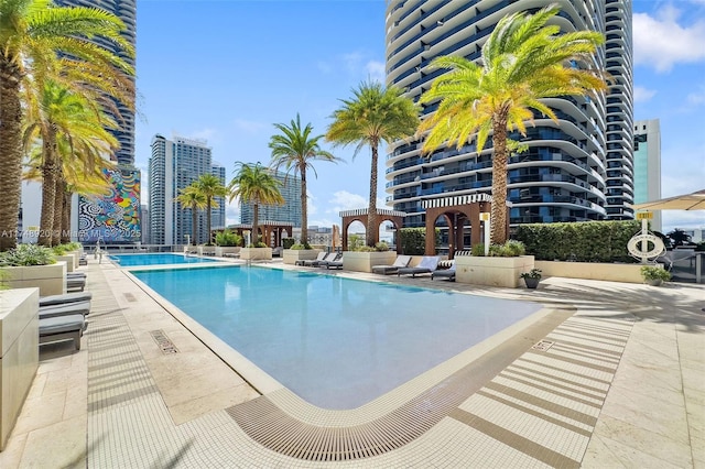 community pool with a patio area and a view of city