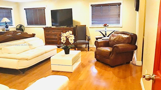 living room featuring wood finished floors and baseboards