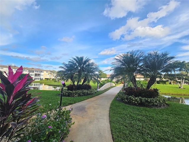 surrounding community featuring a water view and a yard