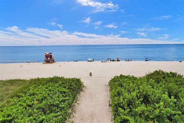 view of water feature with a beach view