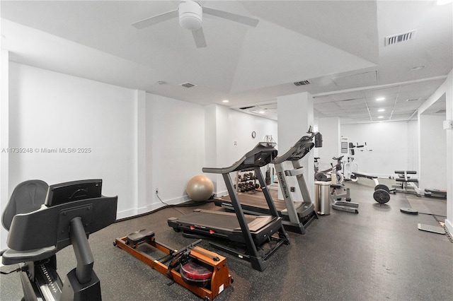 gym with recessed lighting, visible vents, and ceiling fan