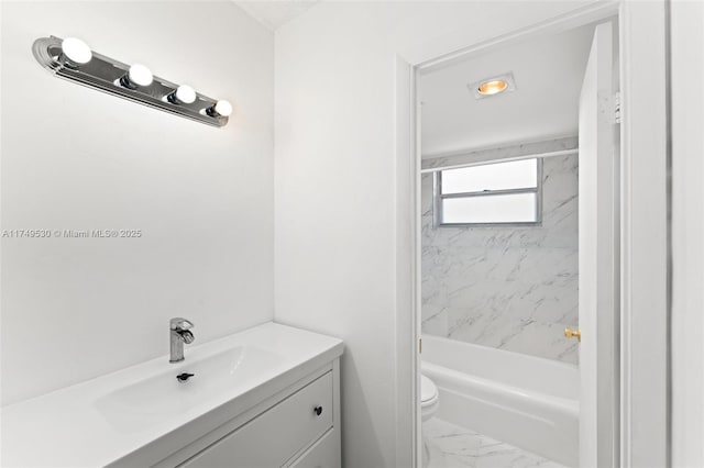 445 NE 195th St Unit 324, Miami, FL 33179 - bathroom featuring marble finish floor, vanity, toilet, and bathtub / shower combination
