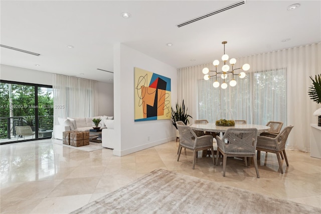 dining area with baseboards, visible vents, a chandelier, and recessed lighting