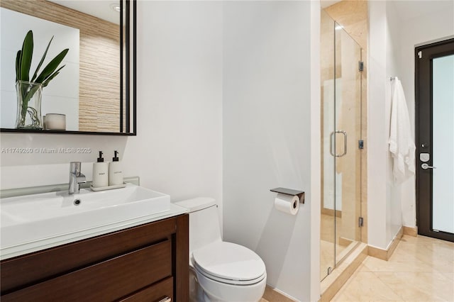 full bathroom with toilet, a stall shower, tile patterned flooring, and vanity