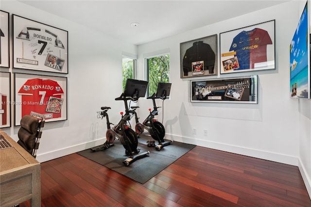 exercise area featuring baseboards and wood finished floors