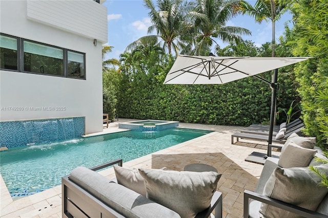 view of swimming pool with a patio, an outdoor living space, and a pool with connected hot tub