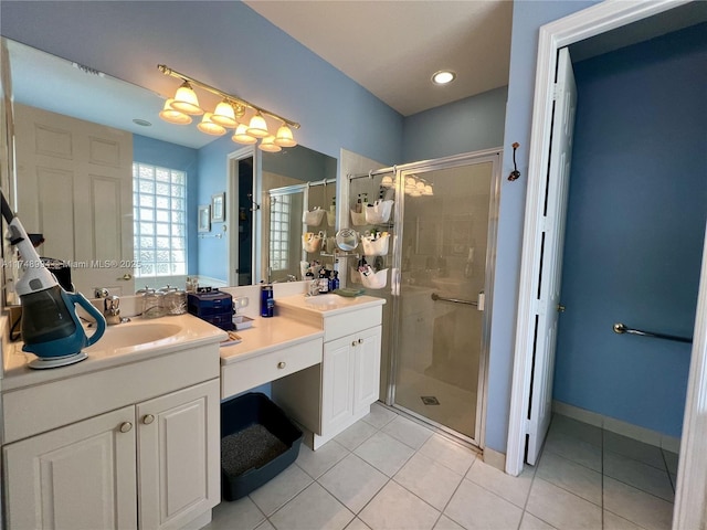 full bathroom with a stall shower, tile patterned flooring, a sink, and double vanity