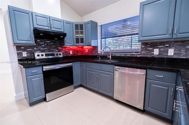 28451 SW 164th Ave, Homestead, FL 33033 - kitchen with appliances with stainless steel finishes, a sink, under cabinet range hood, backsplash, and dark countertops