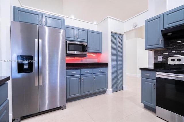 28451 SW 164th Ave, Homestead, FL 33033 - kitchen with appliances with stainless steel finishes, under cabinet range hood, dark countertops, and blue cabinetry