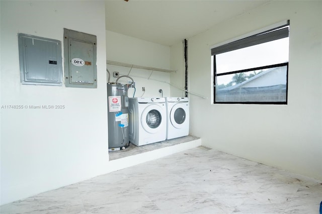 28451 SW 164th Ave, Homestead, FL 33033 - laundry area featuring electric panel, washer and clothes dryer, water heater, and marble finish floors