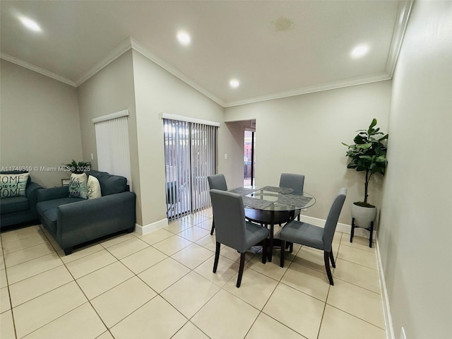 dining space with light tile patterned floors, recessed lighting, baseboards, and crown molding