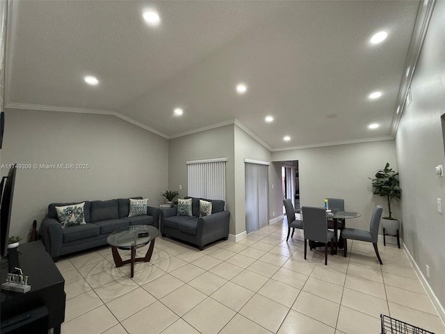 living area featuring light tile patterned floors, lofted ceiling, recessed lighting, ornamental molding, and baseboards