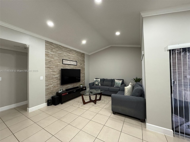 living room with light tile patterned floors, lofted ceiling, recessed lighting, baseboards, and ornamental molding