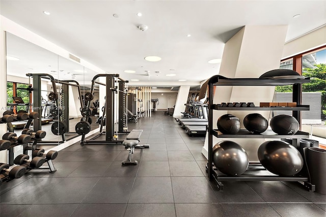 exercise room featuring visible vents and a healthy amount of sunlight